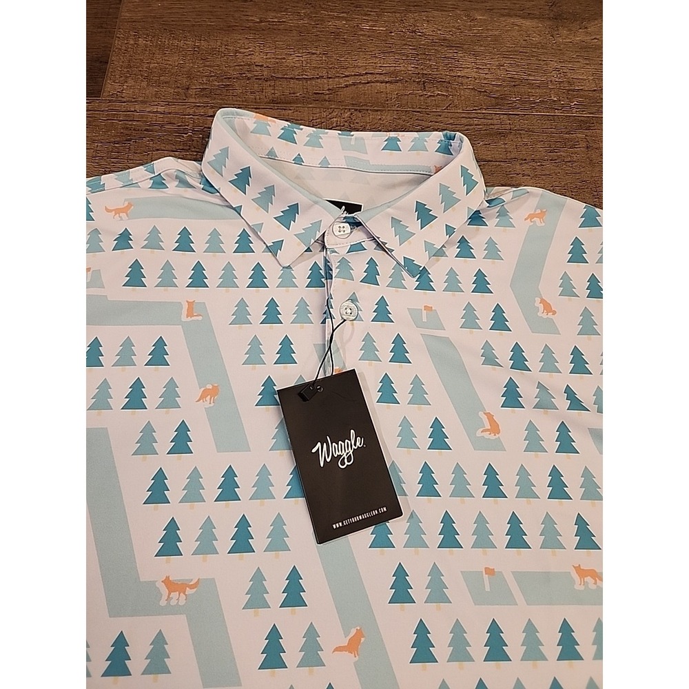Waggle Fox Holes Polo Shirt Mens XL White Green Fox Print‎ Performance Stretch
